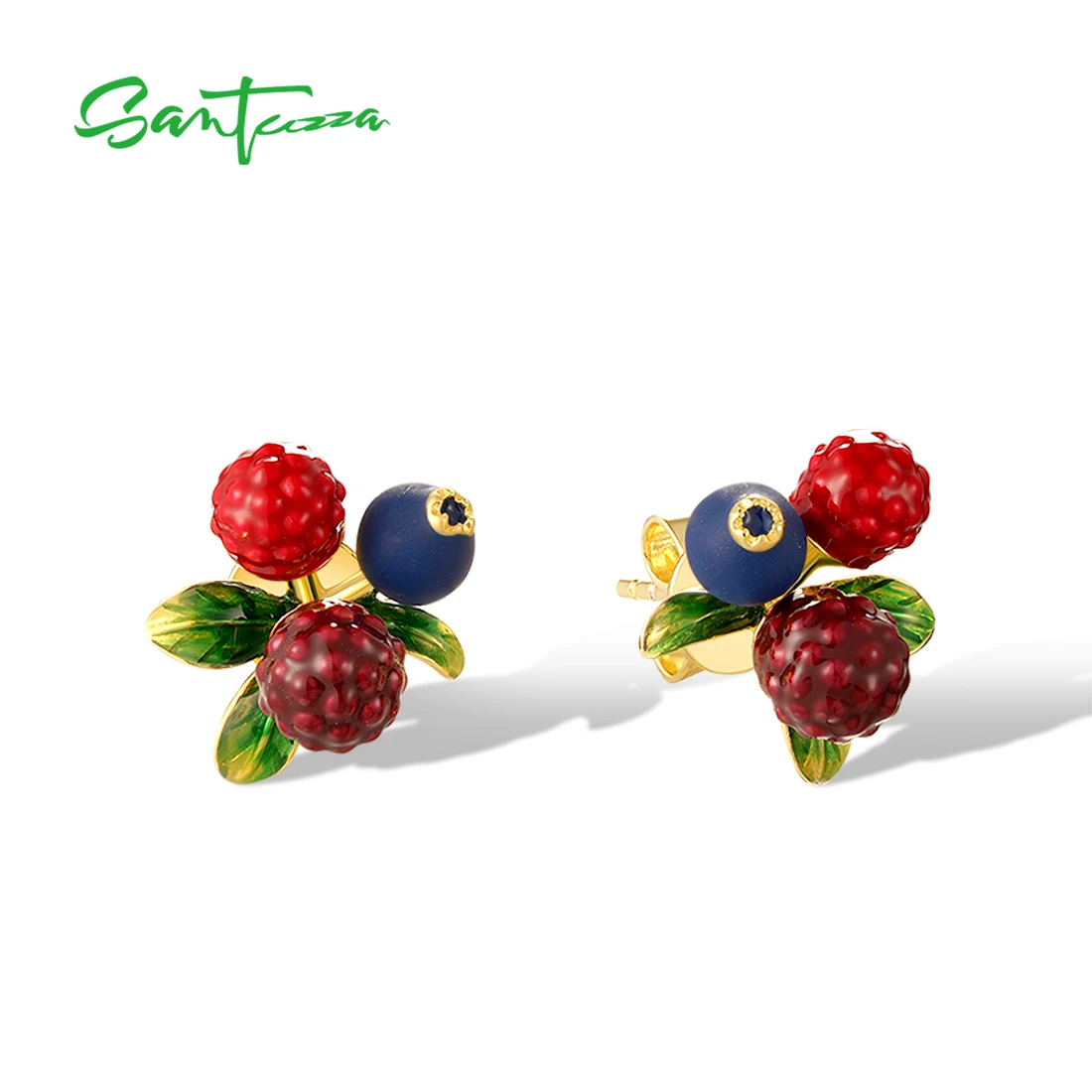 

SANTUZZA 925 Sterling Silver Stud Earrings For Women Sparkling Enamel Blueberries & Raspberry Colorful Fruits Party Fine Jewelry