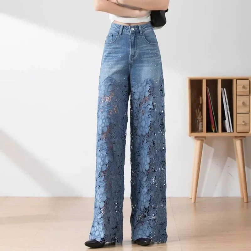 Spring Summer High-Waist Openwork Lace Stitching Denim Wide-Leg Pants Female Straight Trousers Fashion Women's Jeans 2025 New