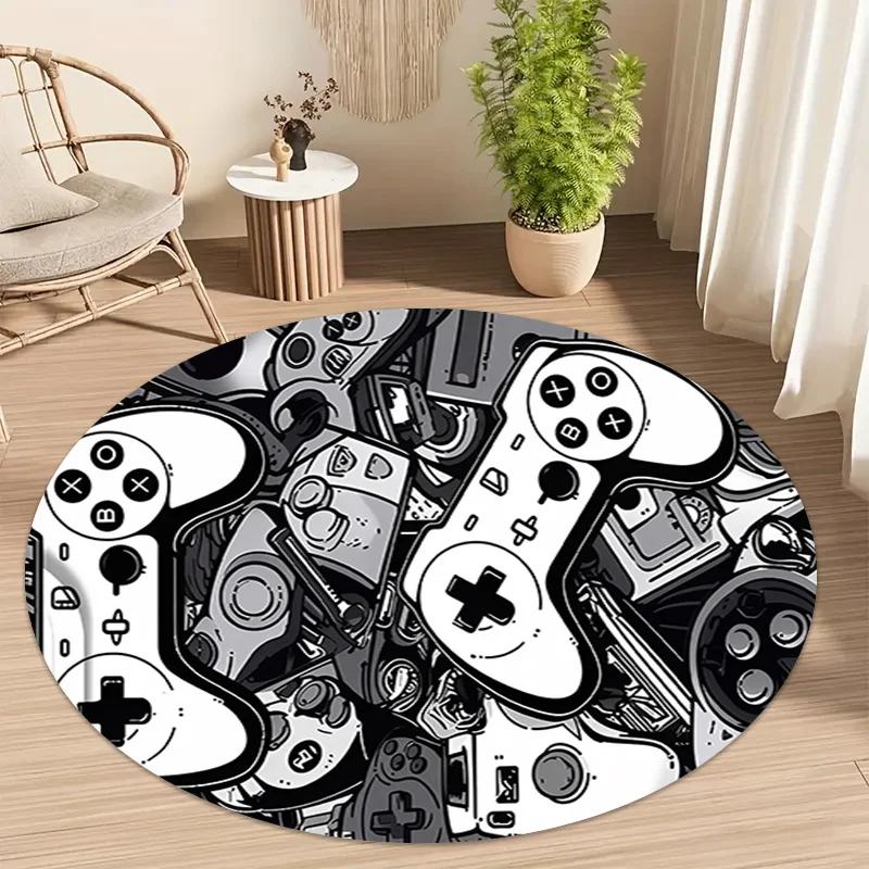 Retro Graffiti Game Controller Round Rug - 2D Printed Non-Slip Floor Mat for E-Sports Gamer Room & Bedroom, 1PC