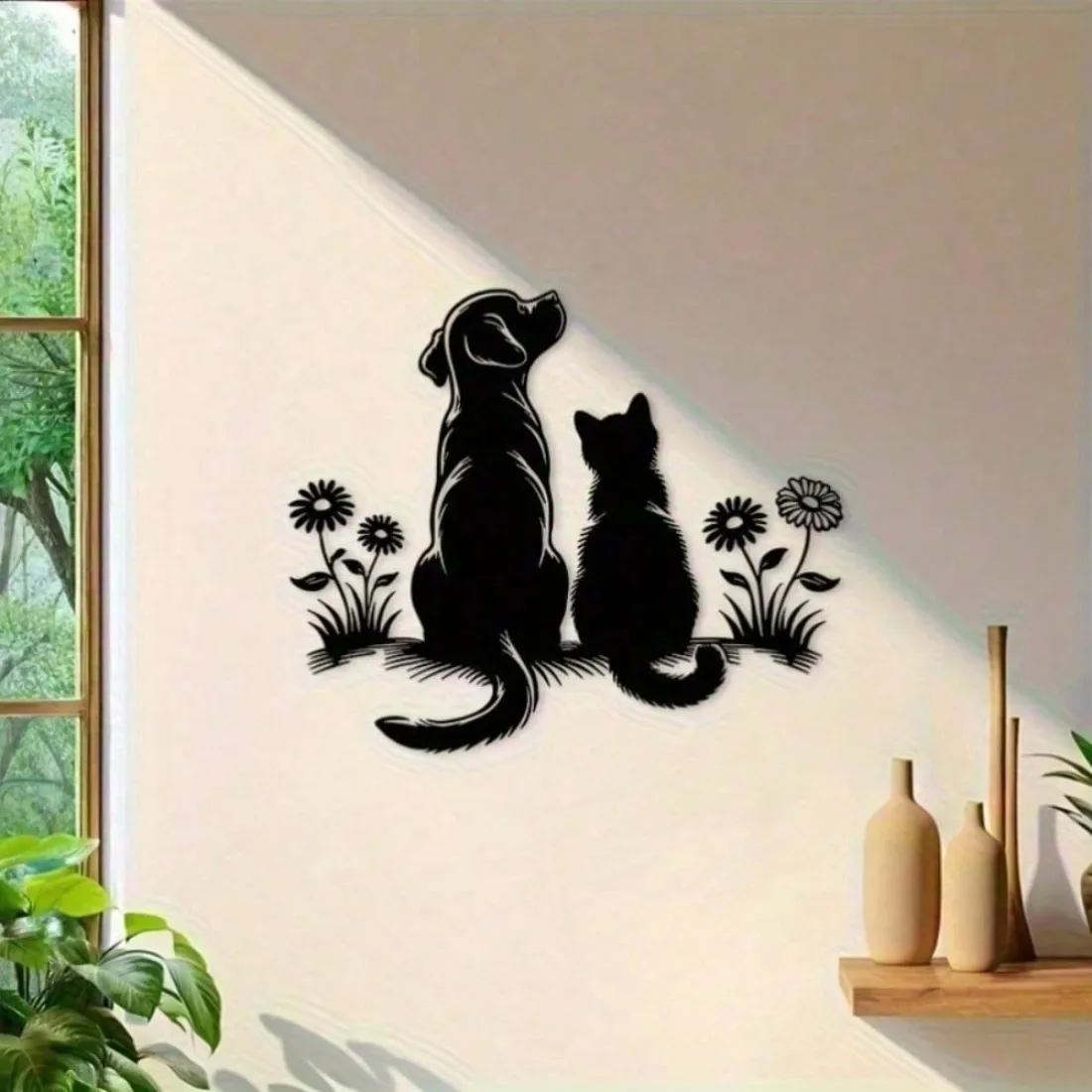 HELLOYOUNG, decoración de pared metálica con motivos de perros y gatos, silueta de aluminio en 2D, adorno de pared con motivos de gatos y perros y flores, para decorar el hogar.