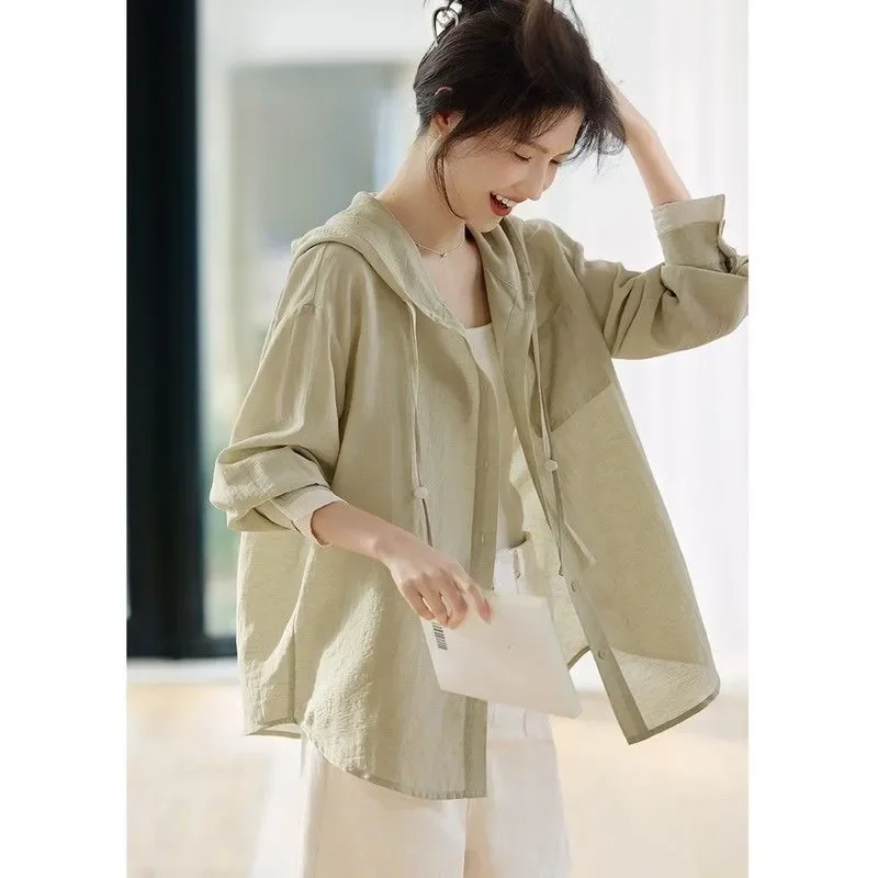 

Женская рубашка с капюшоном на пуговицах, легкая повседневная свободная блузка с длинными рукавами