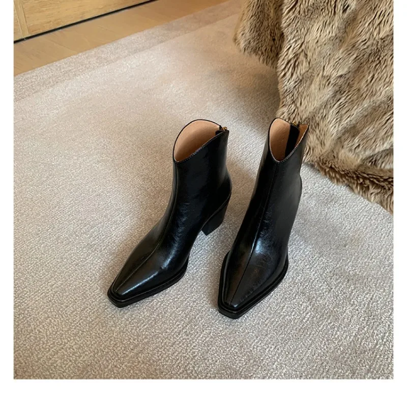 New Pointed End V-mouth Rear Zipper Women's Short Boots Fashion Black White Simple Thick Heel  Western Chelsea Boots Ankle Boots image 6