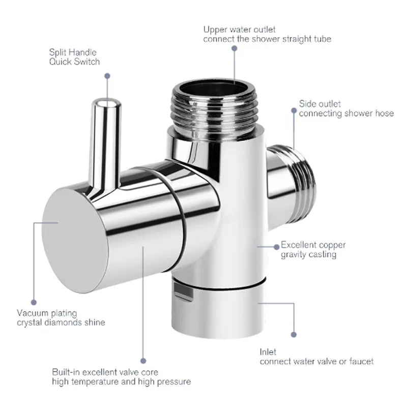 Válvula do desviador do chuveiro para o banheiro, Interruptor torneira, Conector da torneira do chuveiro, Divisor de água, Acessórios do banheiro