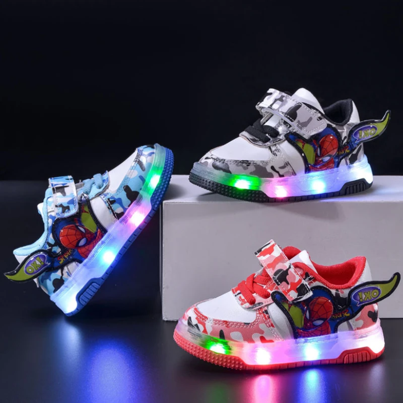 Disney Children's Led Light Shoes Fashion Aoger Spiderman Boys Sneakers Girls Cartton Casual Shoes Breathable Kids Sport Shoes