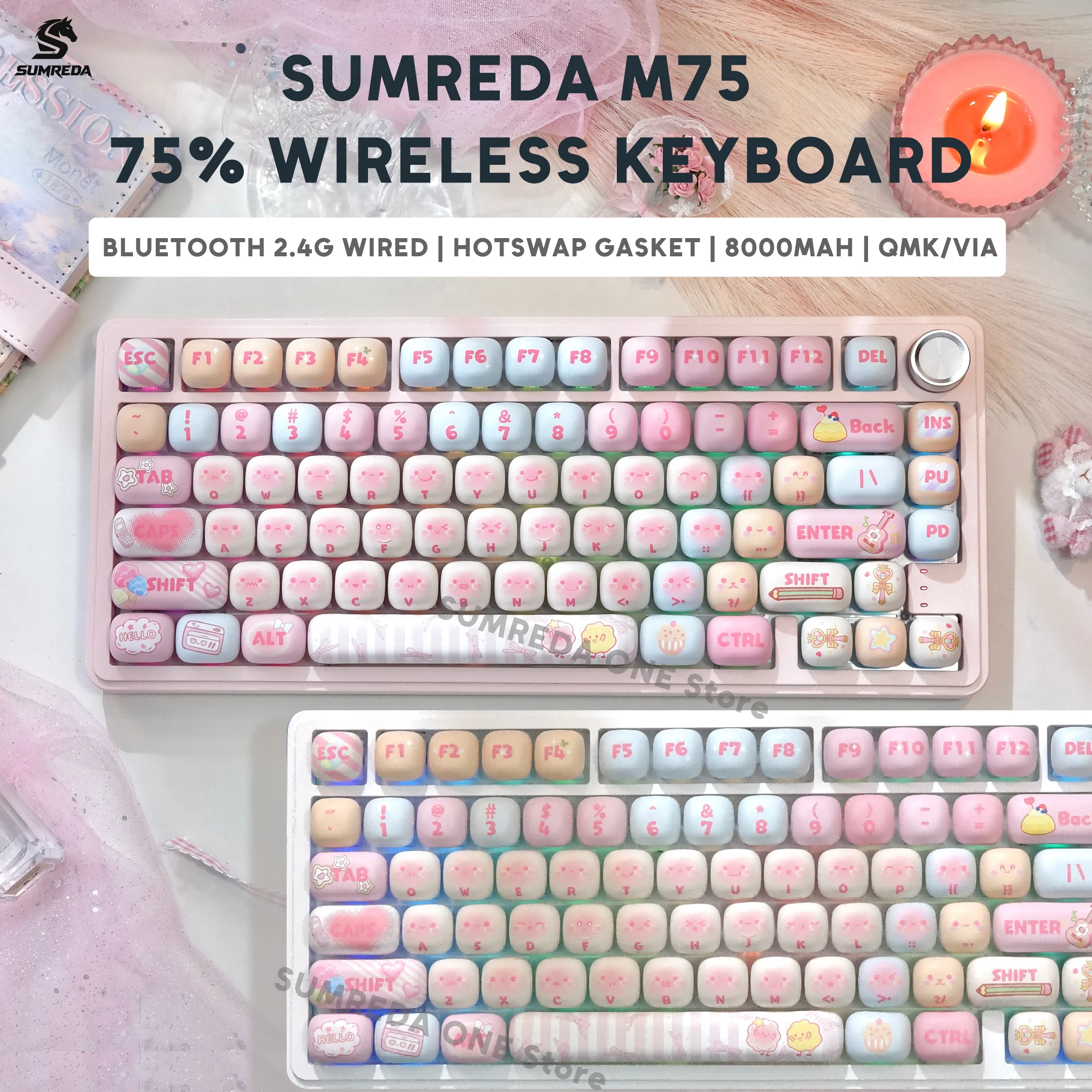 SUMREDA M75 Pink Cute Wireless Mechanical Keyboard Gaming 75% Bluetooth 2.4G Wired RGB Hotswap Gamer Non-contact Keyboard