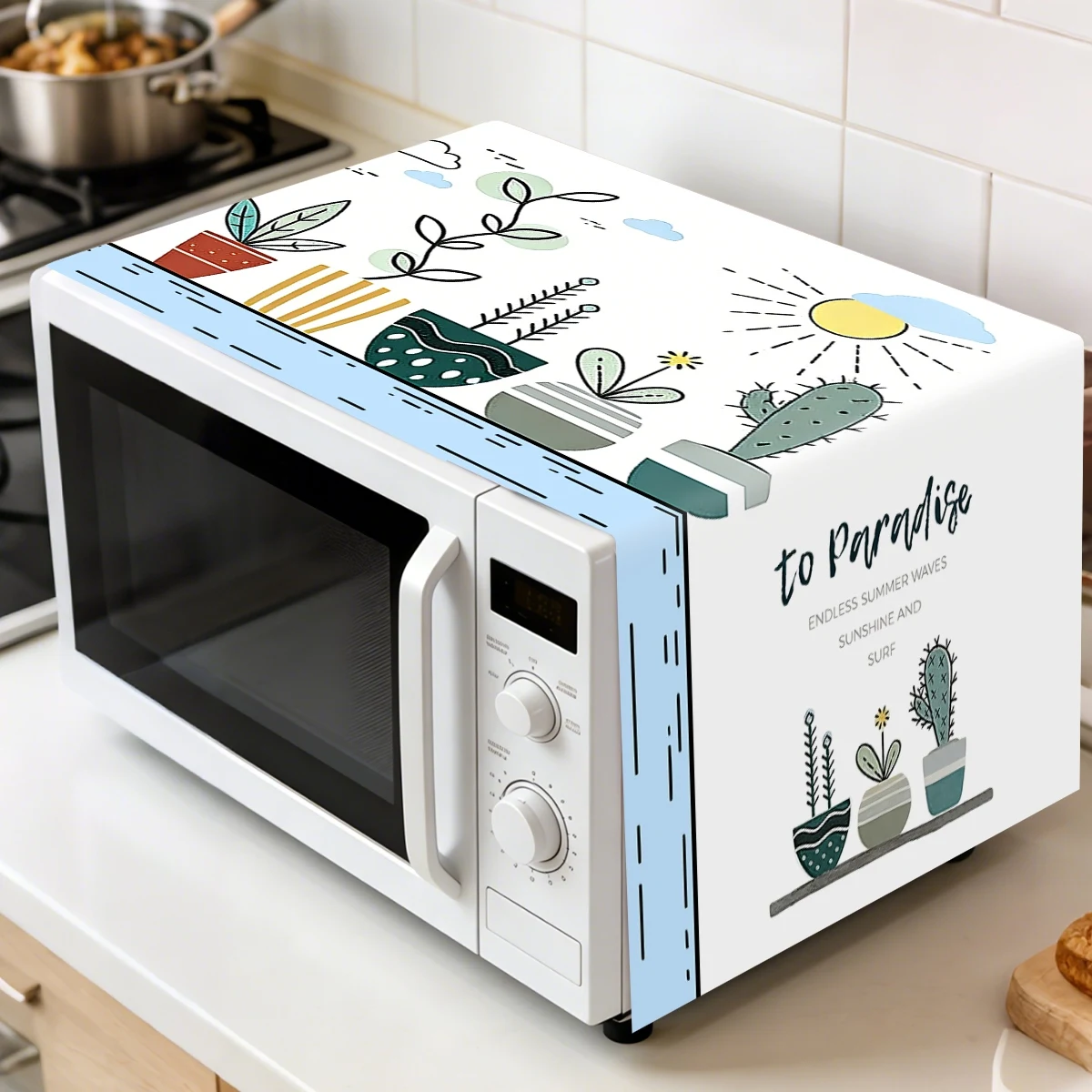 1pc Plants Theme Microwave Dust Cover 35x85cm Potted Plants Design Polyester Oven Dust Cover for Home Appliance Dust Cover