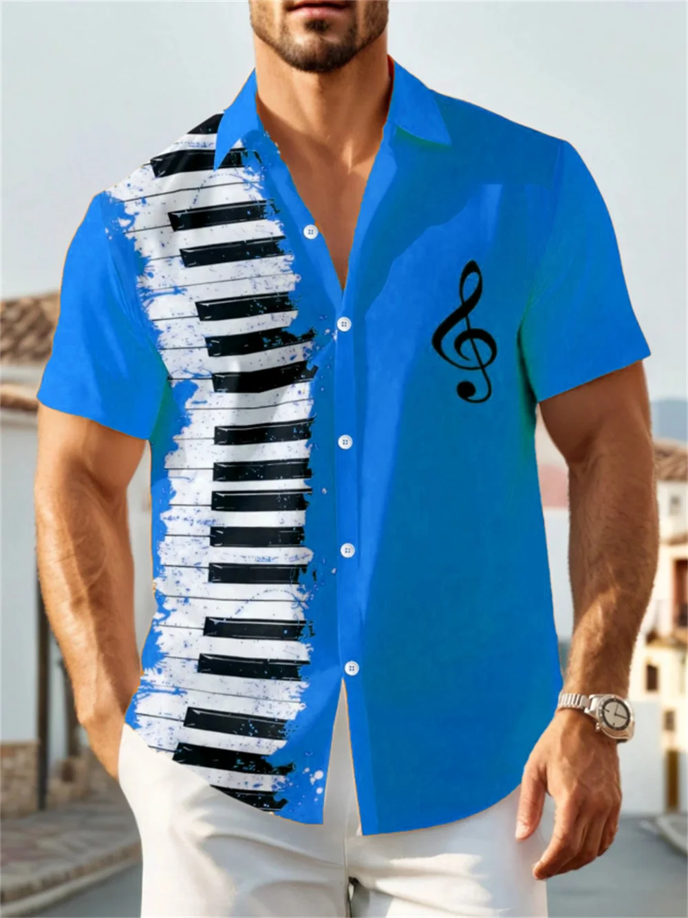 Wealthy men's shirt with piano design, short sleeved shirt, comfortable and soft, daily vacation men's clothing