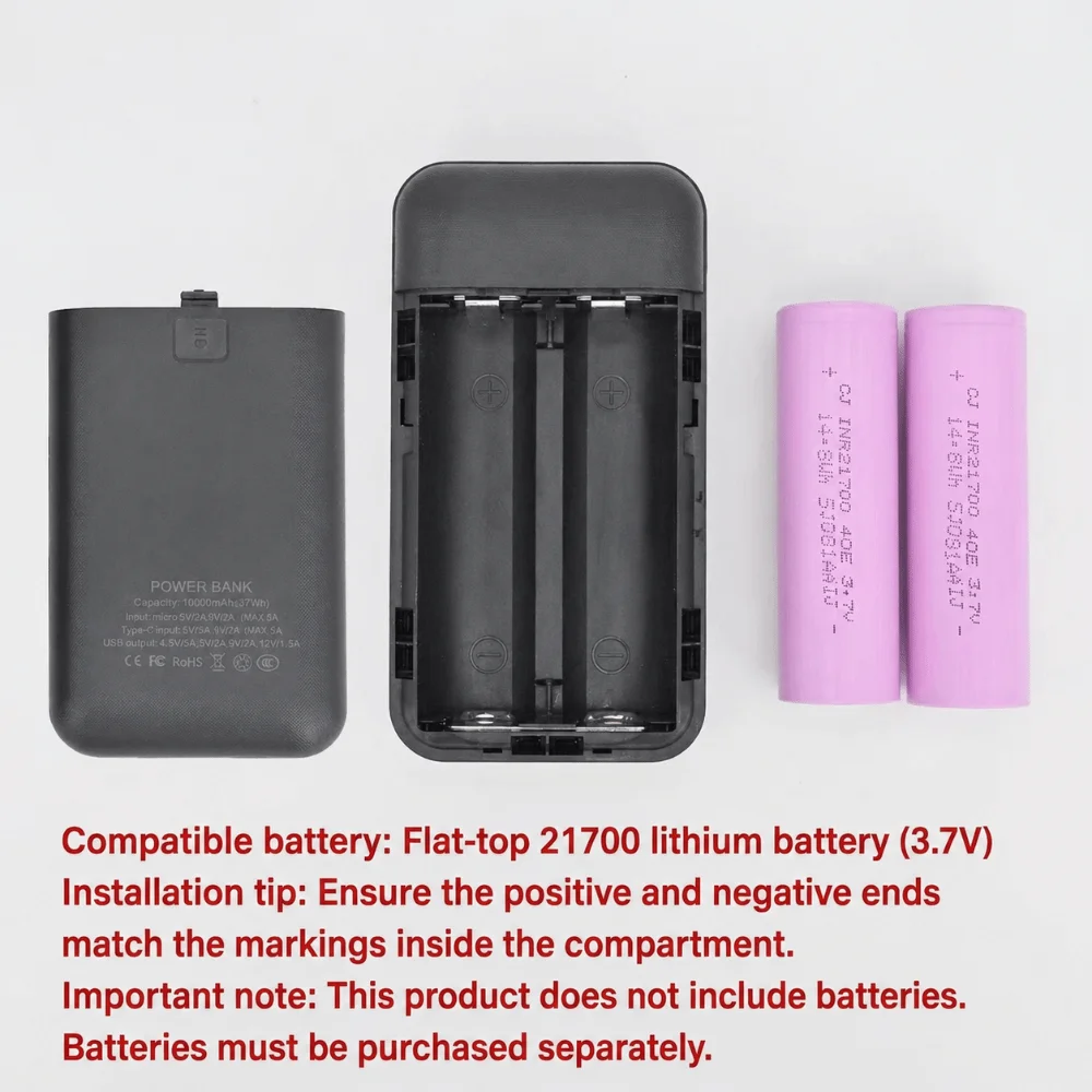For 2pcs 21700 Batteries Power Bank Case Detachable Empty Battery Housing Shell Portable Charger Case (Batteries Not Included)