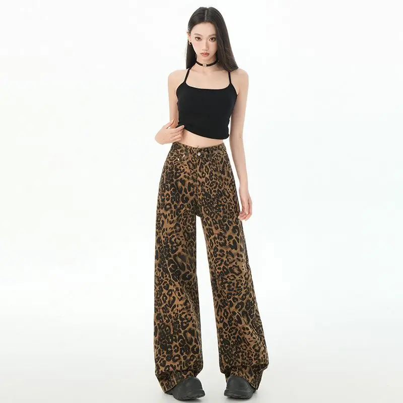 กางเกงยีนส์สตรีผู้หญิงเสือดาวพิมพ์ผู้หญิง DENIM กางเกง Jean Shoujo สาวสไตล์ Baggy กางเกงยีนส์ Y2k สูงเอวกางเกง Coquette กางเกง