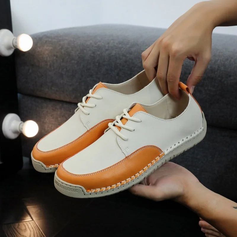 

Men's Casual Black and Beige Patchwork Breathable and Comfortable Hand-sewn Soft-soled Flat Shoes for Daily Work