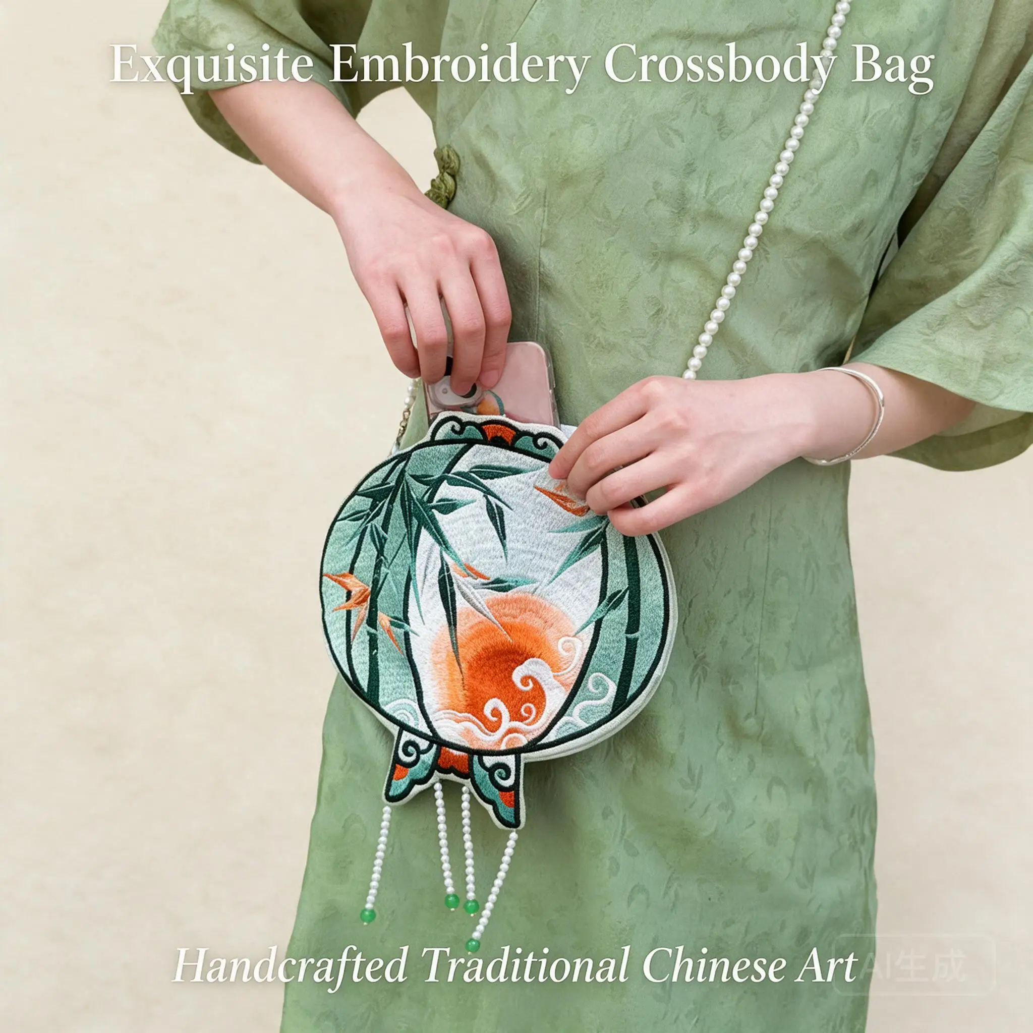 New Chinese Style Embroidered Bamboo Lantern Crossbody Bag For Women Pearl Chain With Tassels Hanfu Cheongsam Daily Accessory