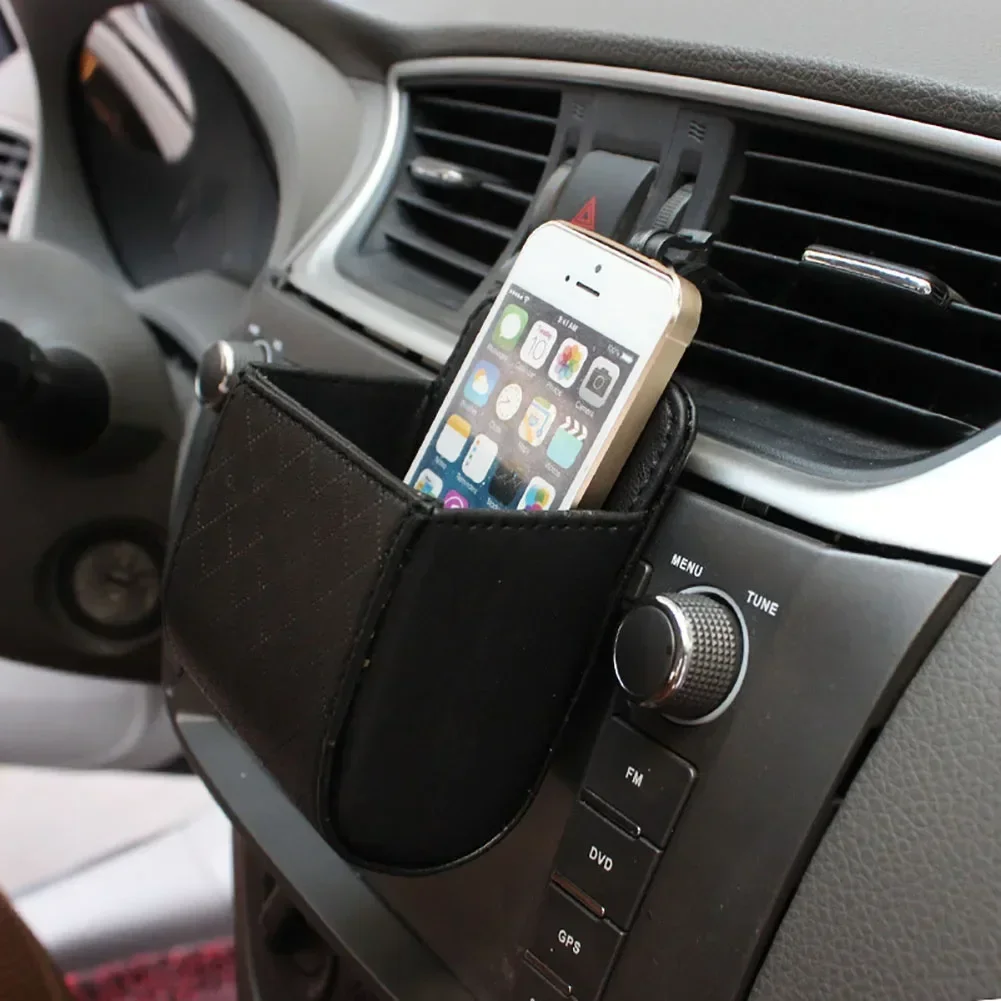 Universal Car Air Vent Organizer Box Storage Bag with Hook Auto Mount Outlet Hanging Leather Container Pocket Coin Phone Holder