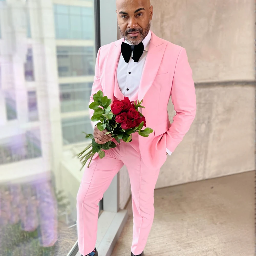 

Pink 3 Pieces Men's Suit Peaked Lapel One Single Button Wedding Groom Suits Jacket Prom Dresses Slim Fit Blazer Customized