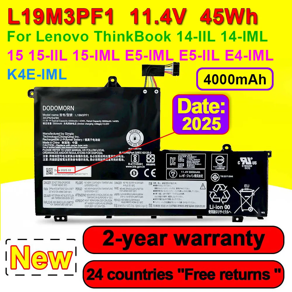 

Laptop Battery L19M3PF1 For Lenovo ThinkBook 14 14-IIL 14-IML,15 15-IML 15-IIL,K4E E4 E5 Series L19C3PF1 L19L3PF1 L19D3PF1