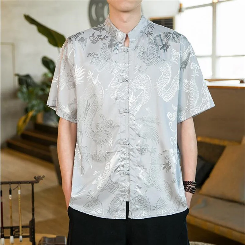 Summer New Male Chinese Style Standing Neck Short Sleeved Shirt Fashion Men Luxury Jacquard Dance Party Casual Top