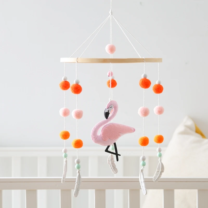 Baby Wooden Mobile Bed Bell Rattle Toys Soft Felt Flamingo Plush Ball Bed Bell Crib Musical Rattle Toys Newborn Bed Bell Bracket