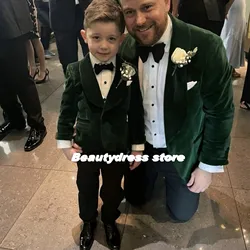 Green Velvet Boys Tuxedos For Wedding Kids Birthday Party Formal Outfits Ring Bearer Blazers (Jacket+Pants+Bow )