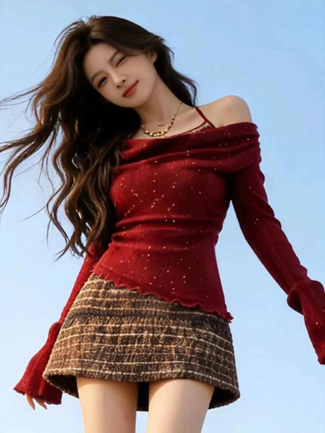 plus Size Women's Red Sequin Neck Hanging Casual Long Sleeve T-Shirt Shoulder Bared Atmosphere Feeling City Walk Commute Style
