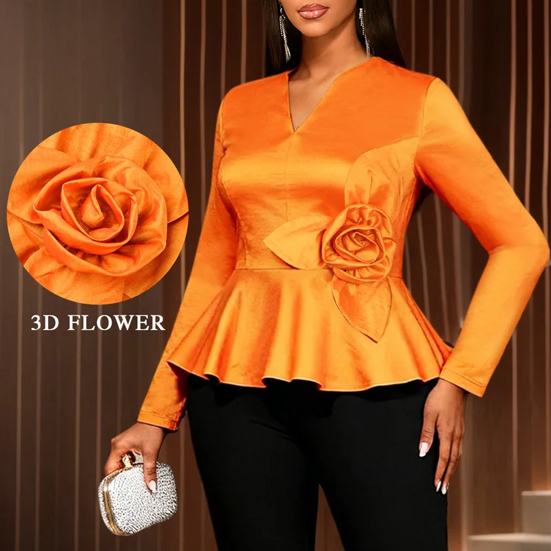 New Three-dimensional Floral Long-sleeve Top, Waist-cinching Ruffled V-neck, Elegant And Slimming Shirt For Commuting And