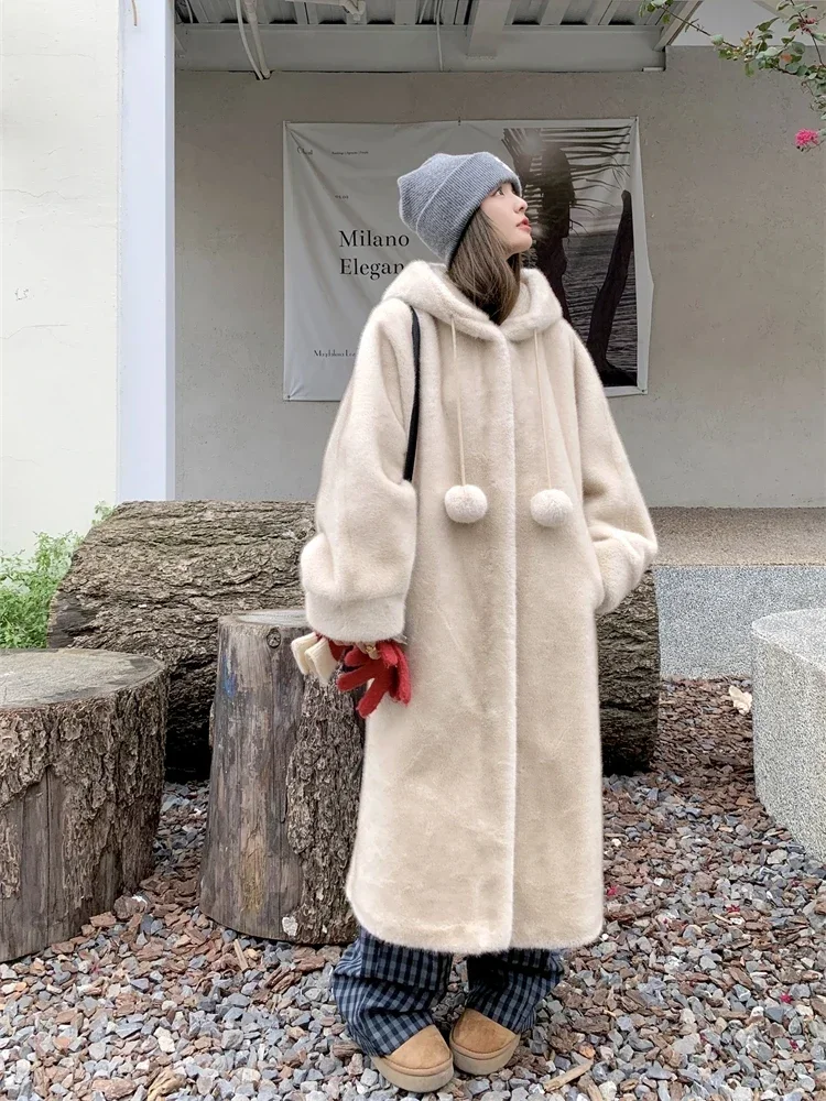 MiiiiX Imitation Mink Fur Hooded Jacket Women Thickened Coat 2024 Winter Plush Soft Loose Long Eco-friendly Coat Female Clothes