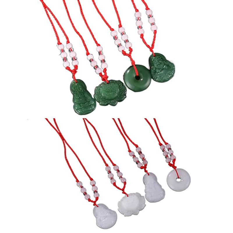 1PC Buddhist Artificial White Jade Hand Woven Pendant Necklace Lotus Guanyin Buddha Long Life Lock Pendant Lucky Necklace Gift view 6