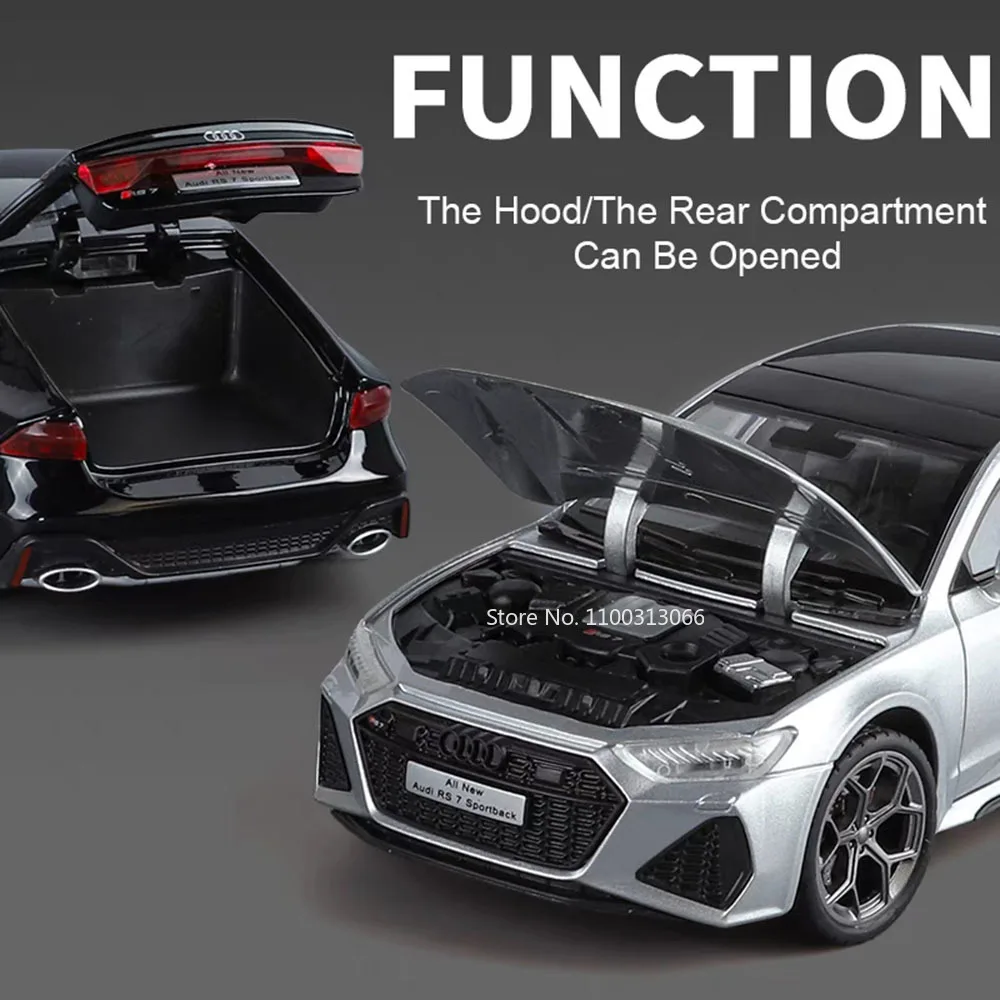 Coches de juguete RS7 R8 V10 1:24, modelos de aleación fundidos, neumáticos de goma con sonido ligero, rueda de vehículo, coche en miniatura extraíble, regalos perfectos para niños