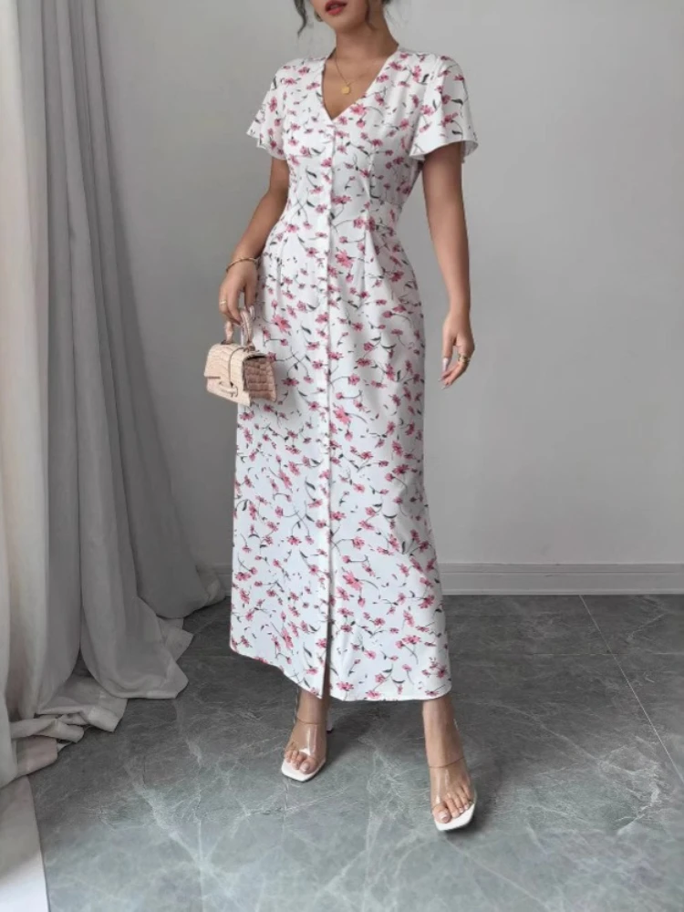 Summer New Style Advanced Feeling Dress Printing Design Short Sleeved Long Skirt Sweet V Neck Commute Waist Hugging Dress