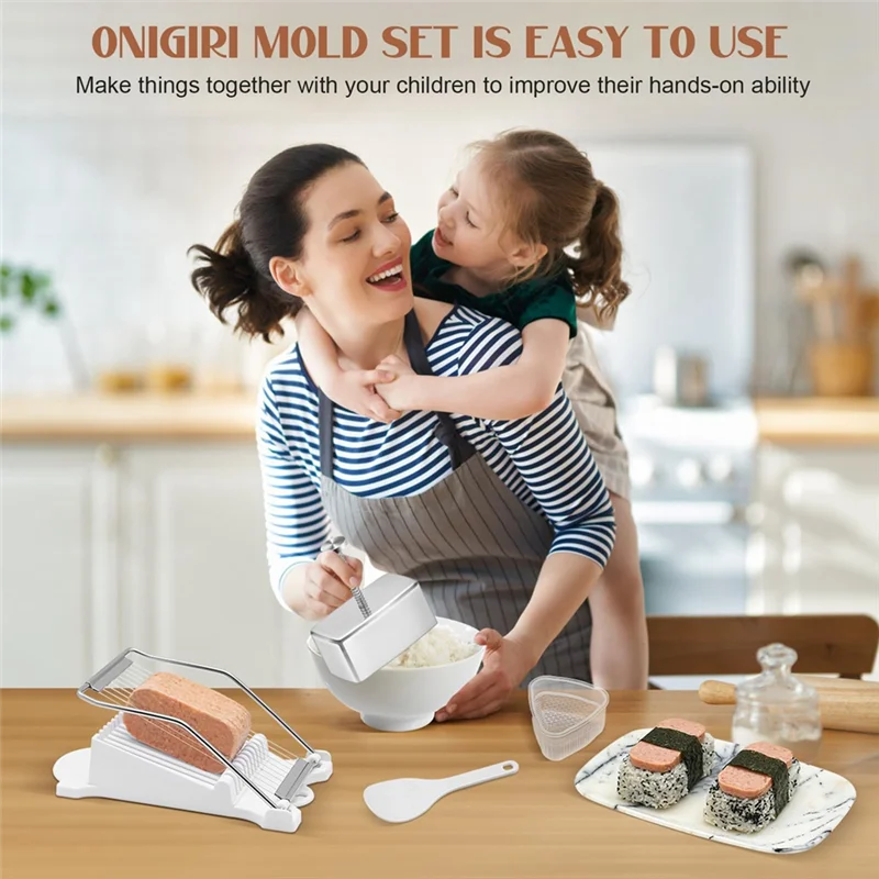 LICE-Onigiri Mold Set Stainless Steel Musubi Mold With Slicer And Triangle Rice Ball Mold And Rice Spoon Musubi Press Mold