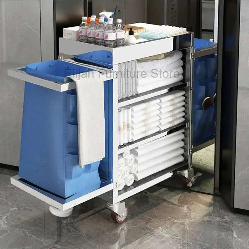 Carrello in acciaio inossidabile Carrello per verdure commerciale Carrello in ferro rotante di alto stile Utilità Janitorial Sala da pranzo Gold Service Wagon Hotel