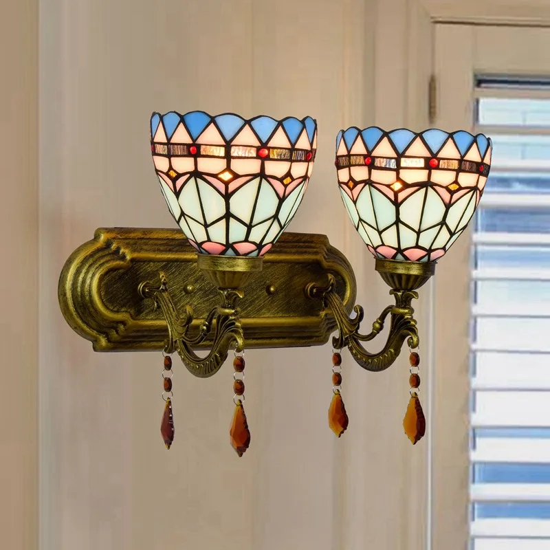 

Mediterranean Blue Double-headed Crystal Wall Lamp Corridor Home Decoration Wall Lamp Tiffany Stained Glass Bedside Lamp