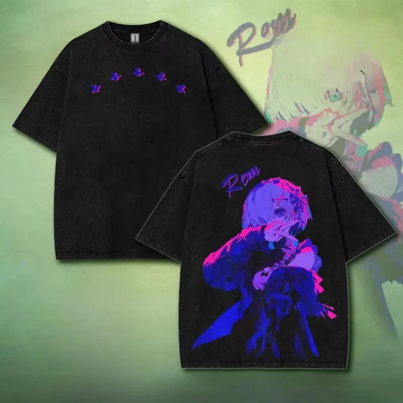Re ZERO Starting Life in Another World Emilia Rem Graphic Print T-shirt Men Women Vintage Washed O-neck Cotton Top Oversized Tee