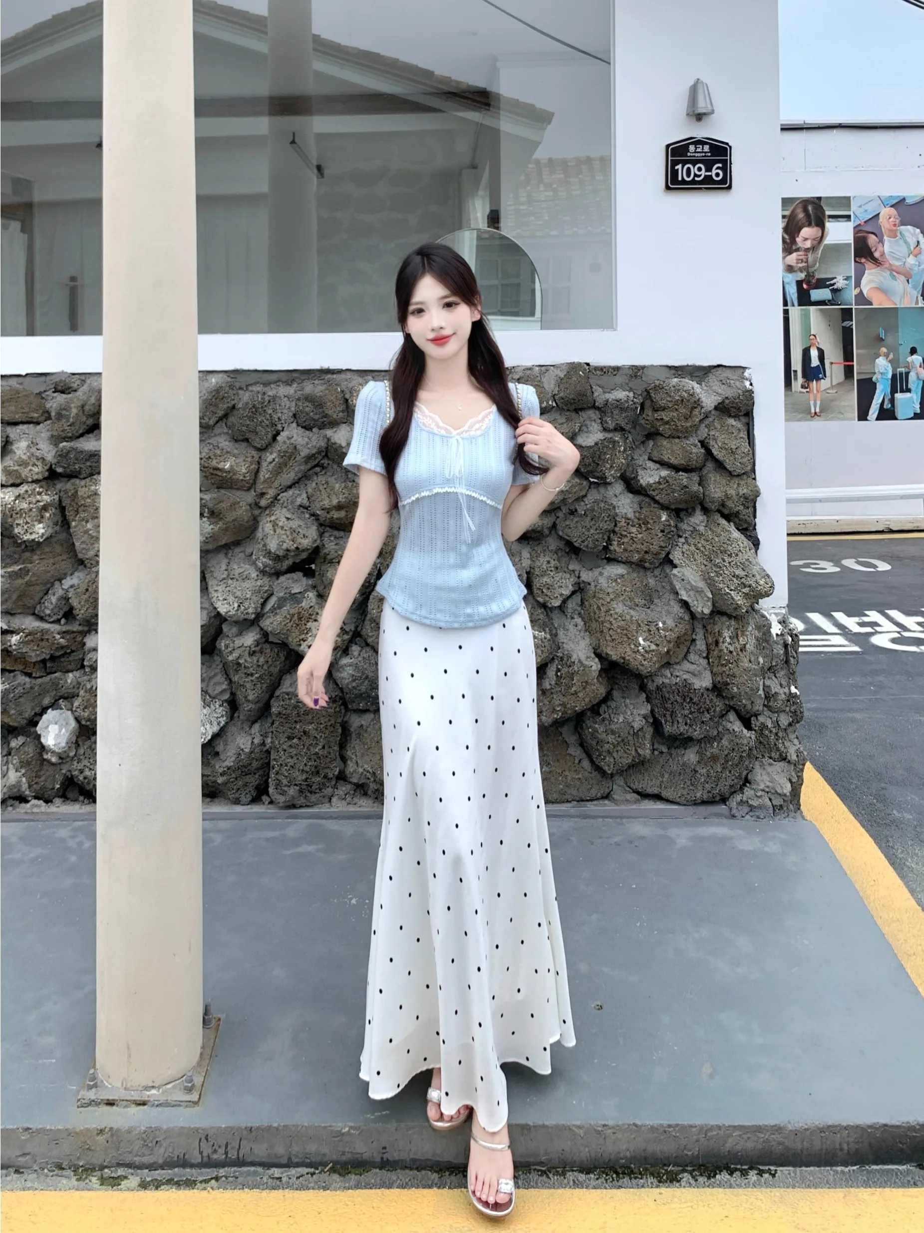

plus Size Pure Desire Lace Splice Summer New Design Polka Dot Fish Tail Half Skirt Short Sleeve Set Korean Style Slim Fit