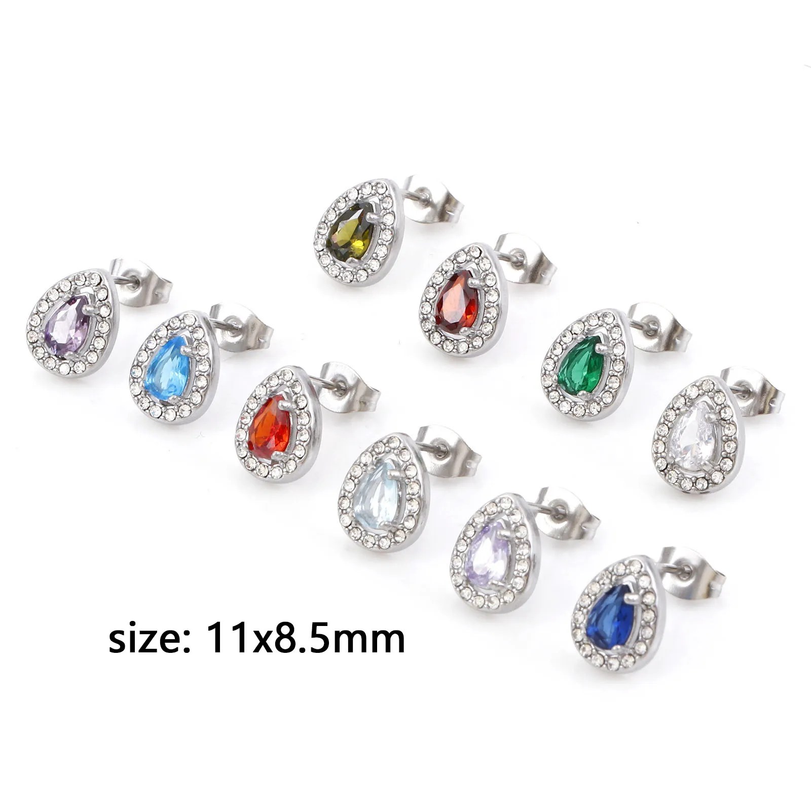 1Pair 304 Stainless Steel Birthstone Ear Post Stud Earrings Silver Color Drop Inlaid Crystal For Women Fashion Jewelry 11x 8.5mm