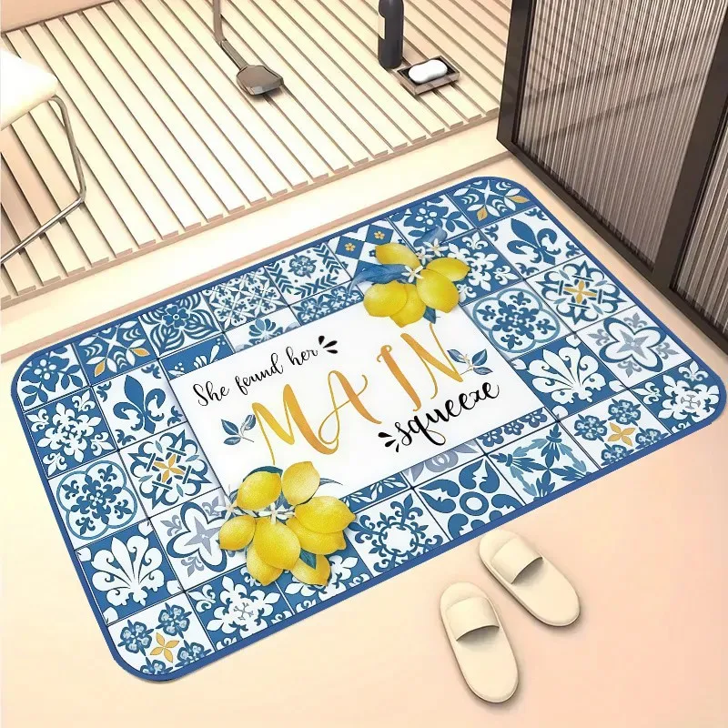 Blue White Mediterranean Tile Lemon Quote Pattern Print Anti Slip Entrance Doormat Coastal Bathroom Entry Floor Mat