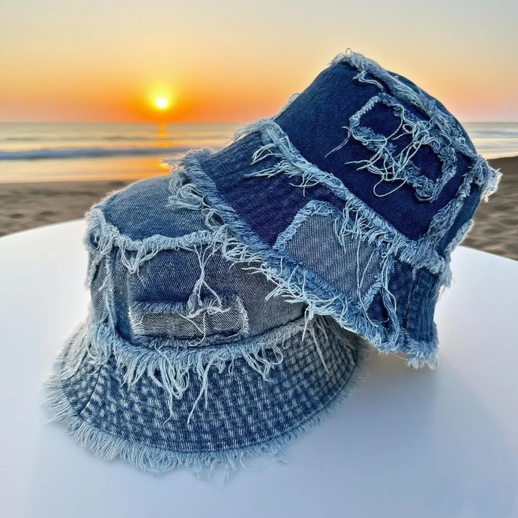 

New Autumn Washed Denim Bucket Hat For Women Korean Style Summer Sun Hats Wide Tassel Brim Female Beach Panama Fisherman Cap