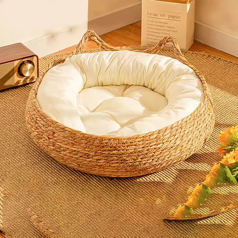 YOKEE-Four Season Rattan Cat Bed, Cat Scratching Board, Washable Litter Woven Removable Cushion, Sleeping House, Cat Accessories