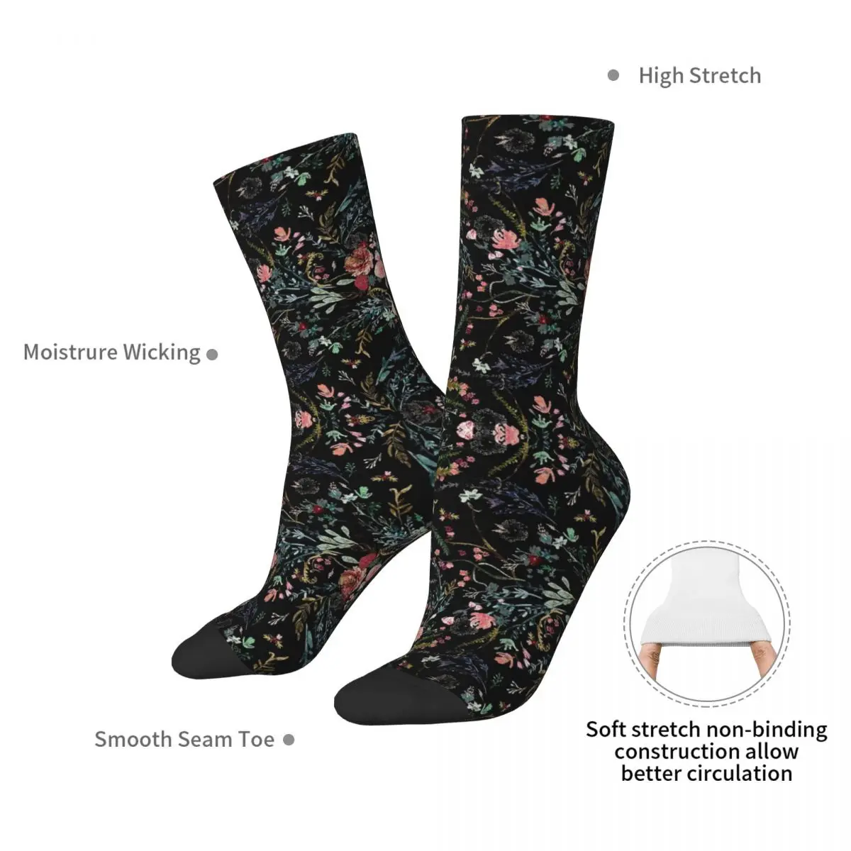 Meias Midnight Floral para Unisex, Harajuku Suor Absorvendo Meias, Acessórios para toda a temporada, Presente de aniversário