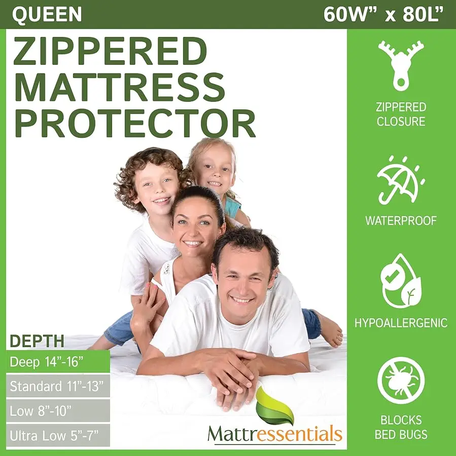 

Zippered Queen Mattress Protector (14"-16" Depth) - Bed Bug Waterproof Mattress Co er, Premium Quality Hypoallergenic Encasement