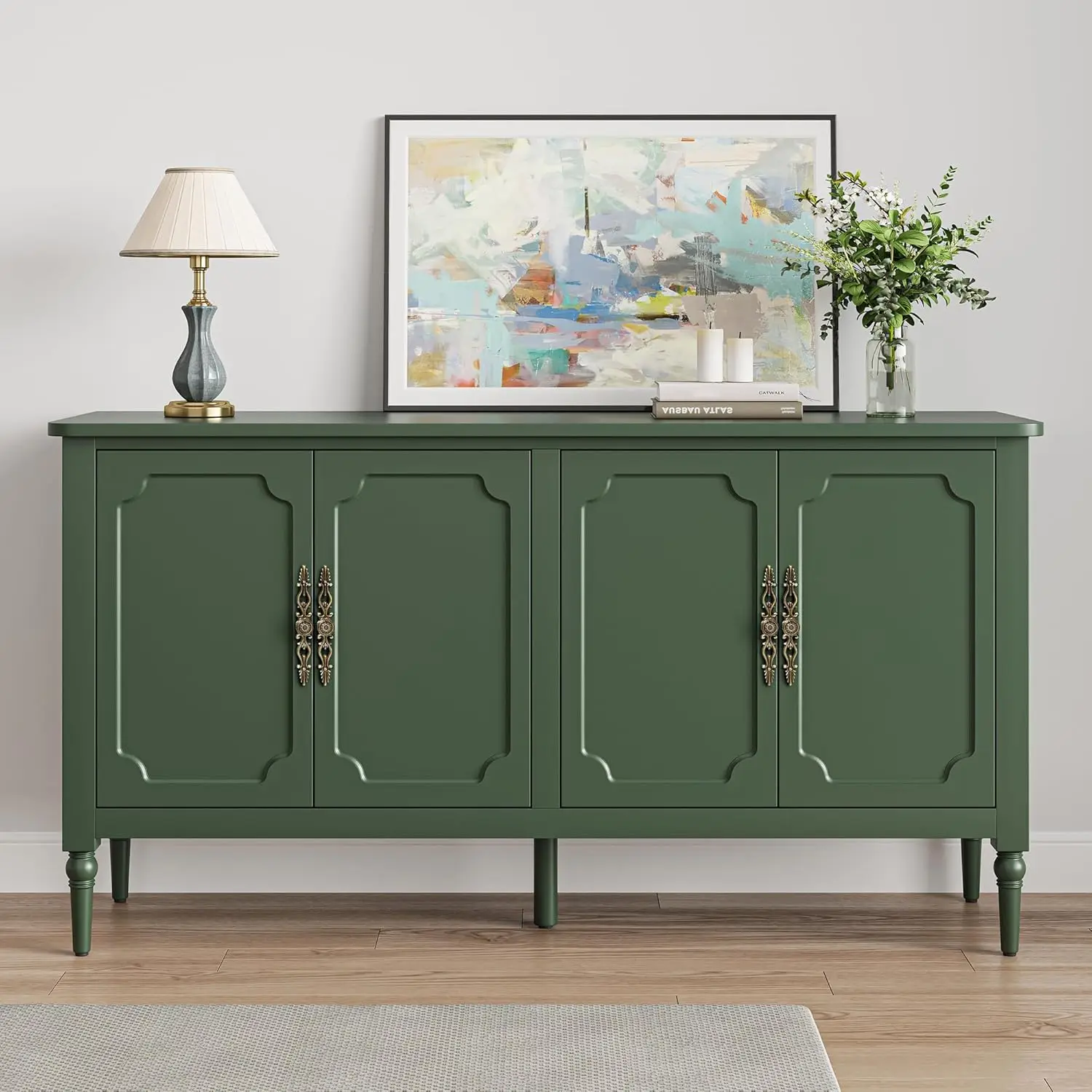 Sideboard Buffet Cabinet with Storage, 58\'\' Mid Century Modern Storage Cabinet with 4 Doors and Adjustable Shelves