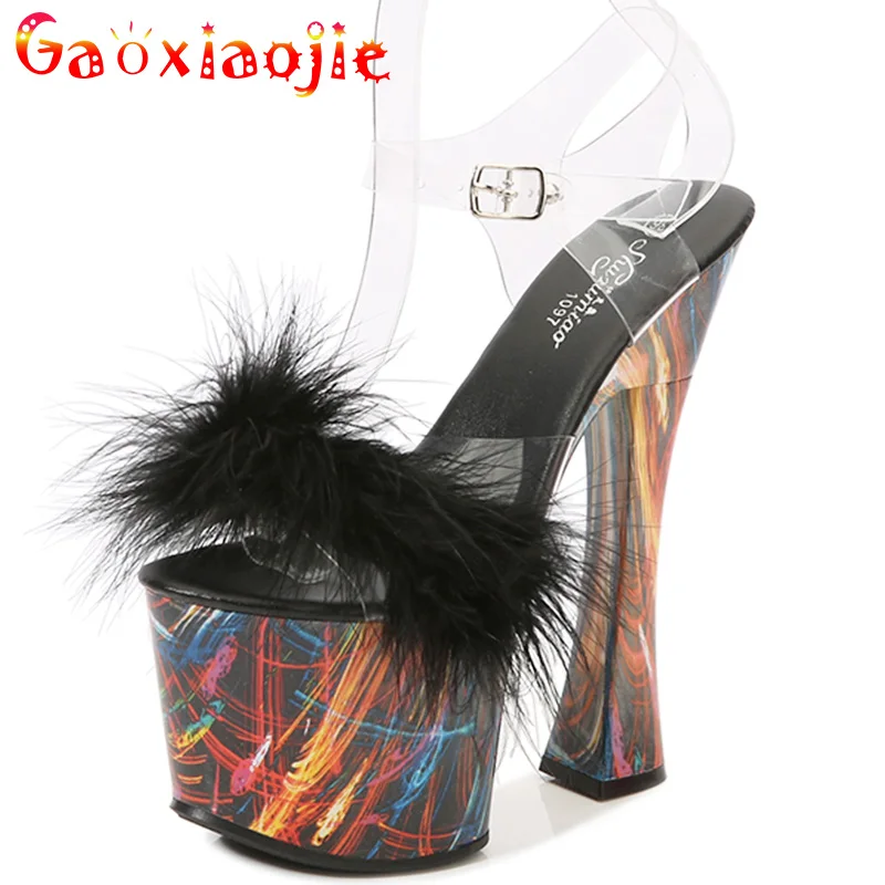 

Transparent Thick heel Women's Shoes Platform Print luminous Sandals18CM Stiletto High Heels Sexy Open Toe Striptease Big Size