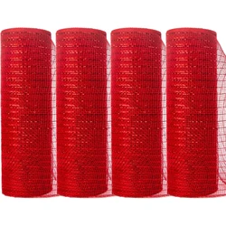 Red Christmas Decorative Mesh ribbon 10 Inch x 30 Feet Poly Mesh Ribbon with Metallic, Ribbon Mesh for holiday 4 Rolls