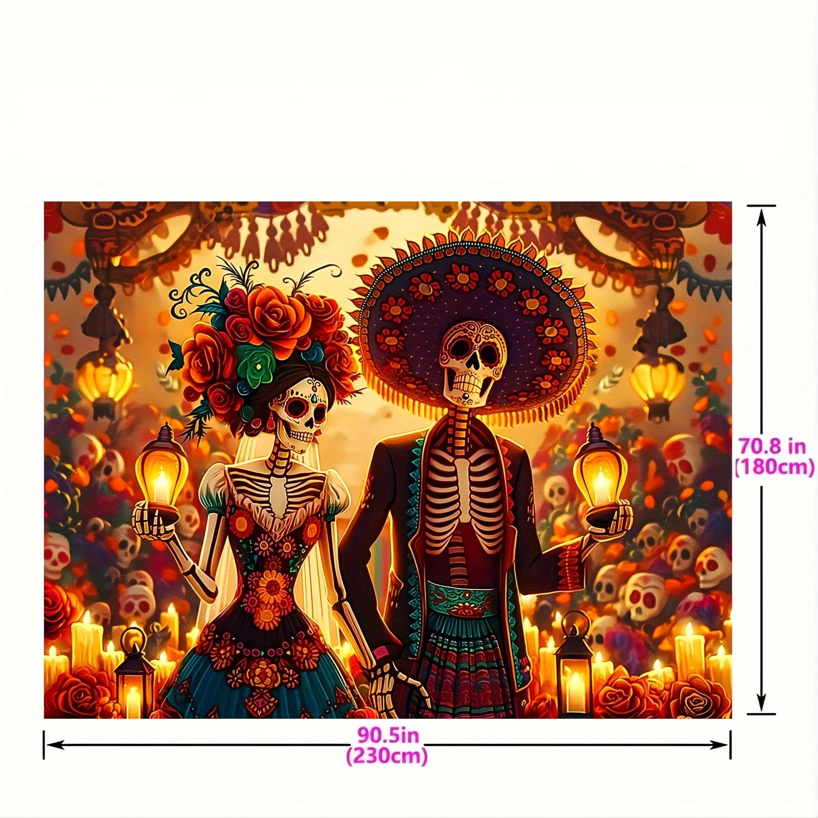 死者の日カーニバル バナー - カラフルなシュガー スカルと花のパターン、パーティー、フォトブース、ホームデコレーション