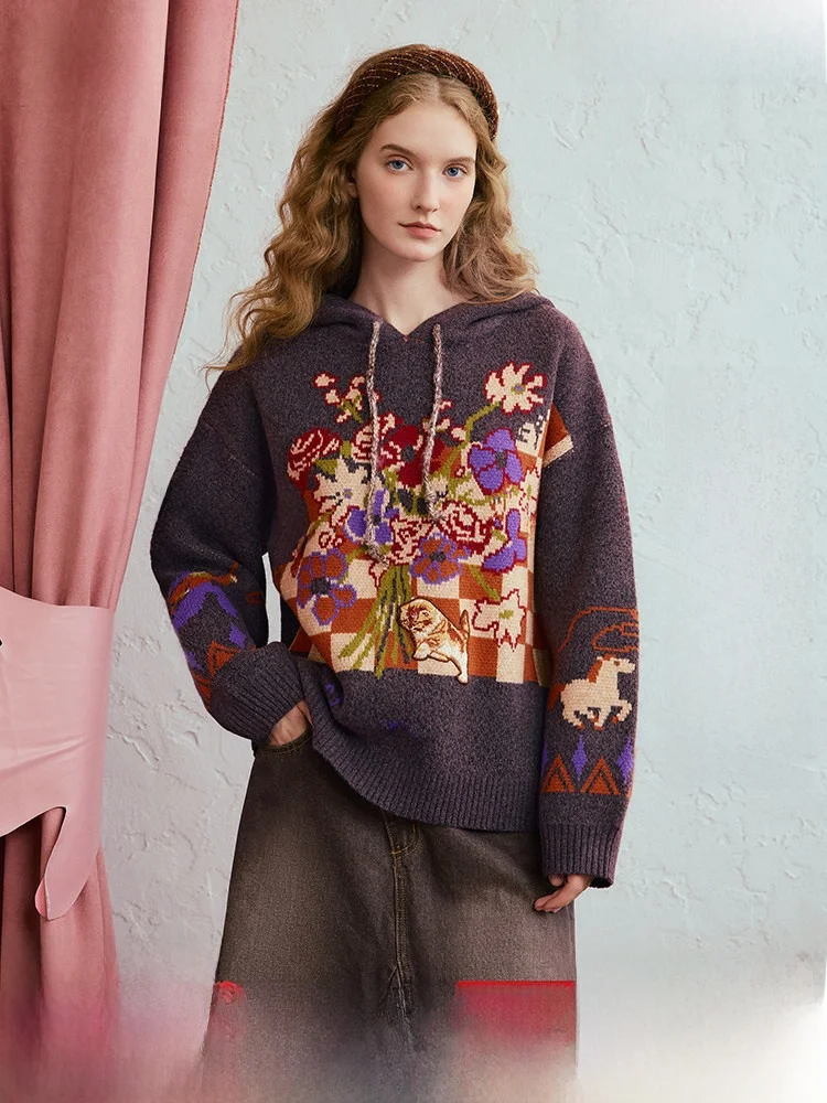 

Женский свитер с капюшоном и цветочным узором в стиле ретро, свободный крой, зимний, новинка, из мягкой полиэстеровой смеси, с длинными рукавами, повседневная одежда