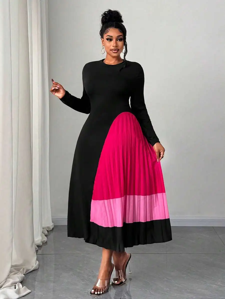 

Women Plus Size Elegant Casual Patchwork Pleated Long Sleeve Midi Dress