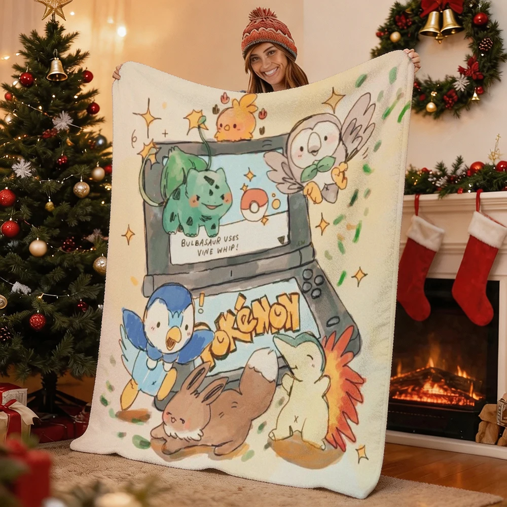 Pokemon Pikachu Gengar Bulbasaur Charmander Squirtle Psyduck Flannel Throw Blanket Soft Warm Blanket for Sofa Bed Home Decor Gif