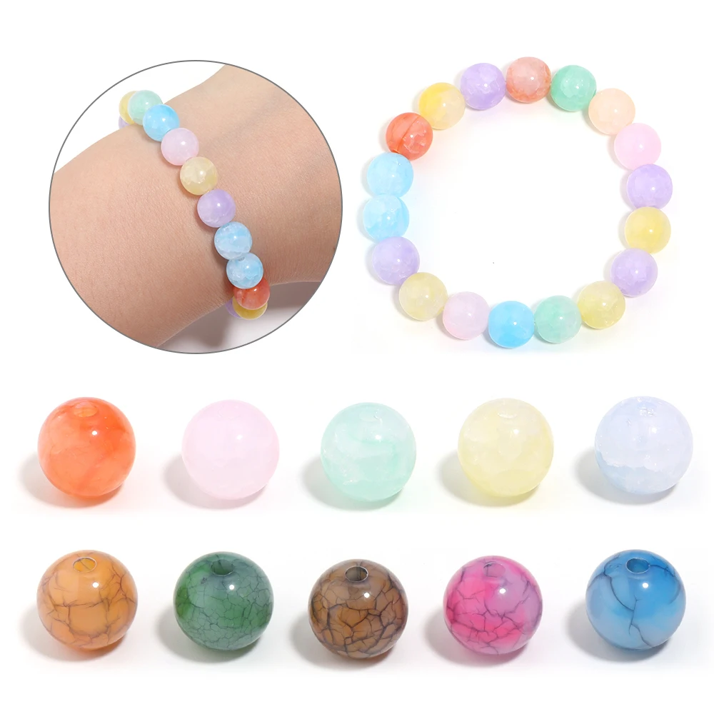 100Pcs 8 10 12mm Acrylic Crack Beads Colored Loose Spacer Round Beads For Bracelet Making DIY Jewelry Accessories Wholesale