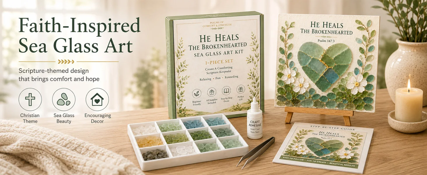 Sea Glass Art Kit for Adults Christian DIY Mosaic Craft Kit with Psalms of Comfort and Strength Design Bible Verse Wall Decor