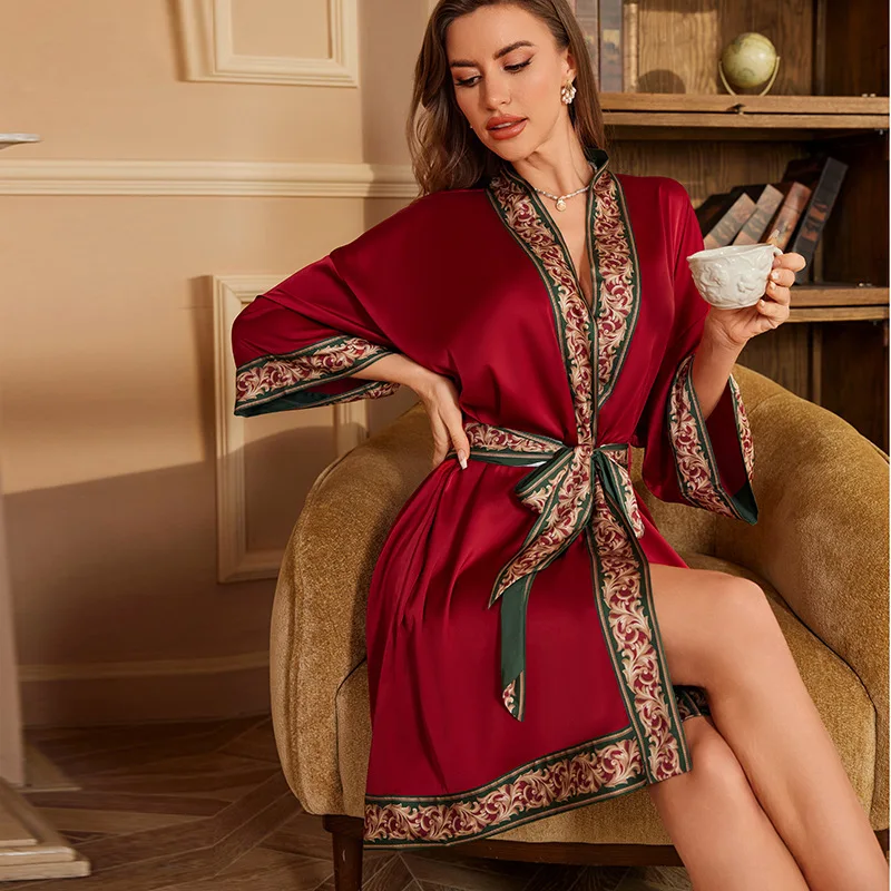 

Women's Ice Silk Nightgown Elegant Retro Gown Robe Long Sleeve Bride Cardigan Gown Morning Gown Pajamas Home Clothes
