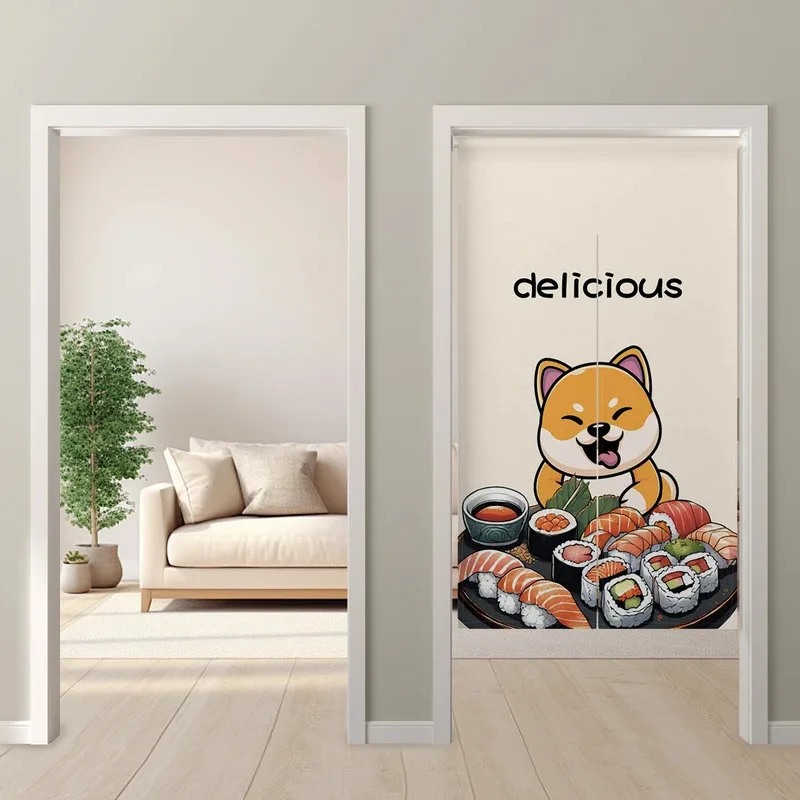 Cortina para puerta VIKAMA Sushi Shiba Inu, cortina para cubrir la cocina, cortina decorativa para entrada de tienda de comida japonesa, resistente al viento