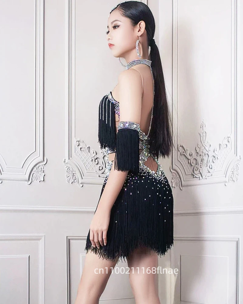 فستان الرقص اللاتيني، فستان الزهور، تنورة شرابة للفتيات، تصميم أسود لحمام السباحة، إصدار ممتاز، فستان أداء لؤلؤي رومبا